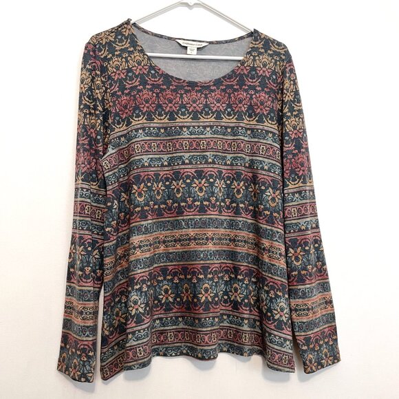 COLDWATER CREEK Black Red Multi Geometric Boho Distressed Look Long Sleeve Top L - Picture 1 of 14